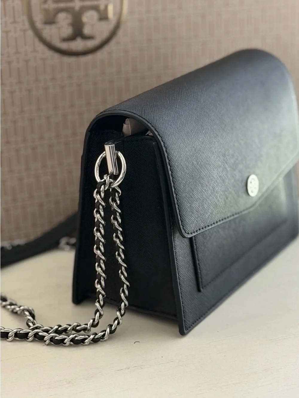 Tory Burch Robinson Convertible Shoulder Bag Black Silver Logo NWT